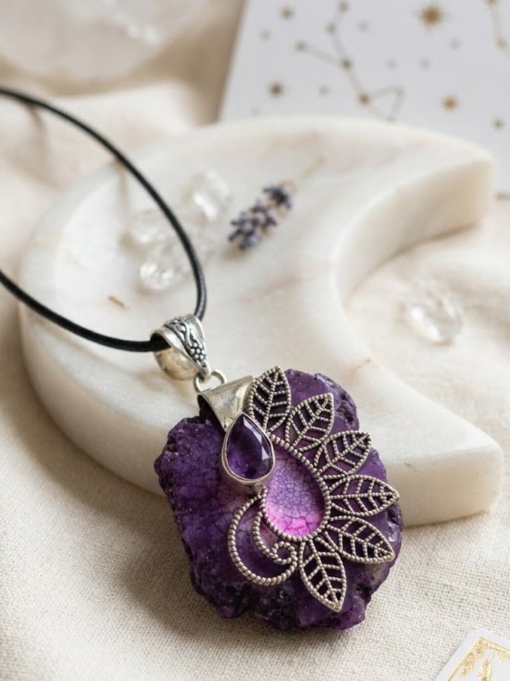 Artisan 925 Sterling Silver Raw Agate Amethyst Leaf Filigree Pendant 2.45" - Picture 16 of 16